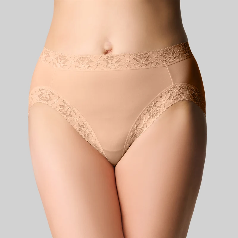 Micro & Lace Hi Cut Brief - Buff