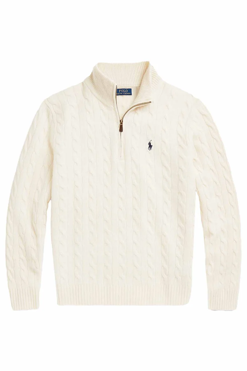 Polo Ralph Lauren Herren Strickpullover mit Zopfmuster und Reißverschluss Andover Cream