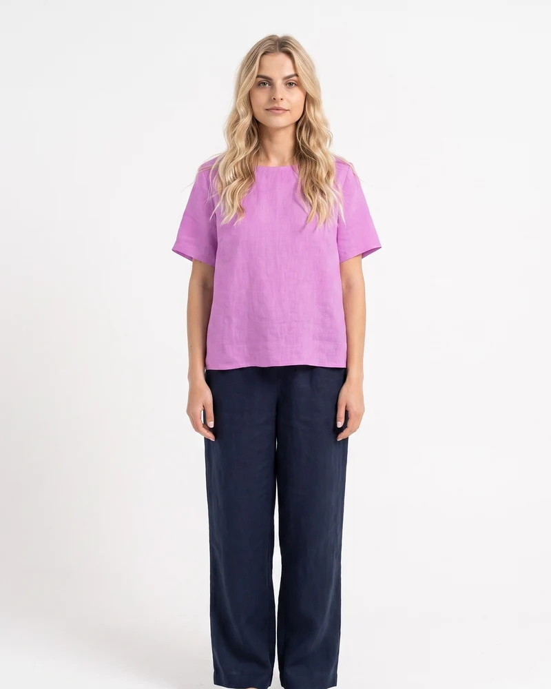 HARPER – Linen Blend Tie-Back Short Sleeve Top — Pink, size M