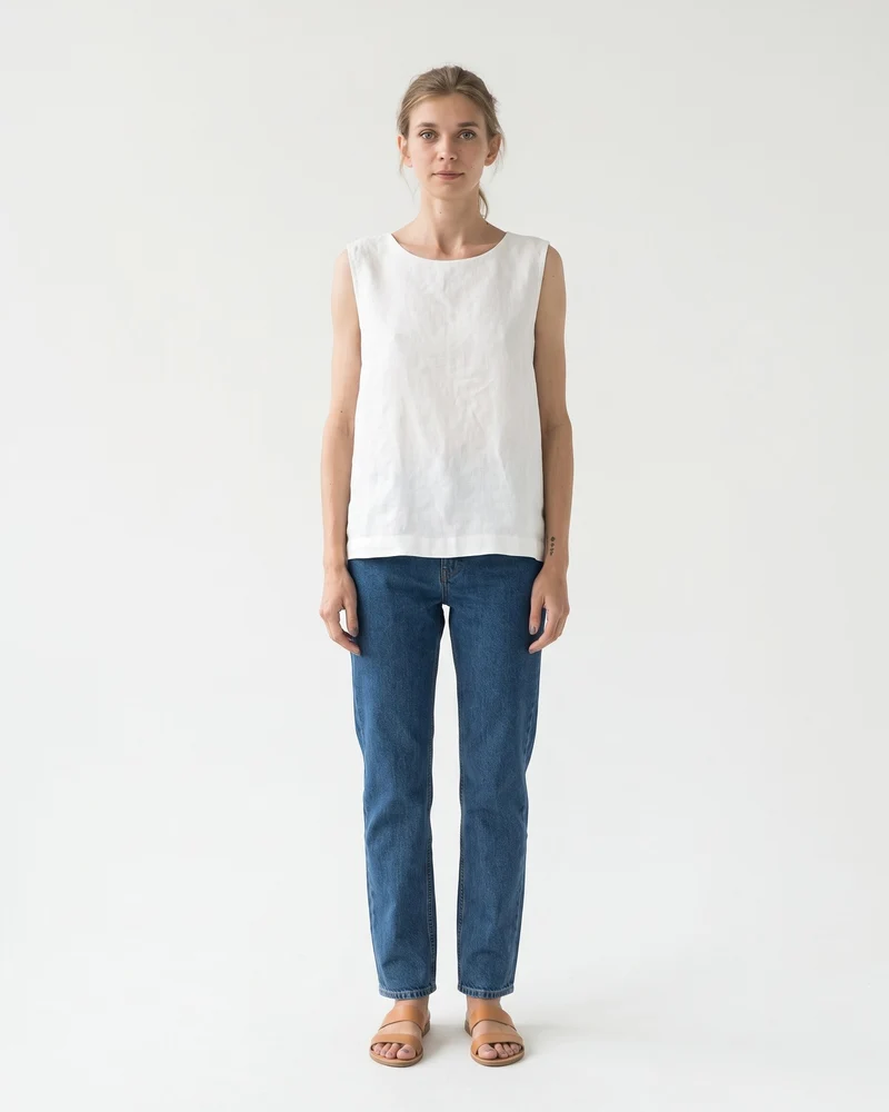 MIX & MATCH – Linen Blend Round Neck Tank Top — White, size L