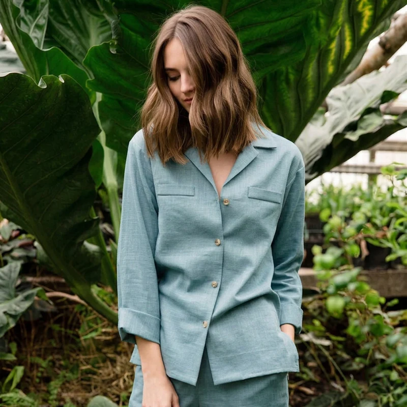 OASIS – Linen Blend Camp Collar Shirt — Teal, size S