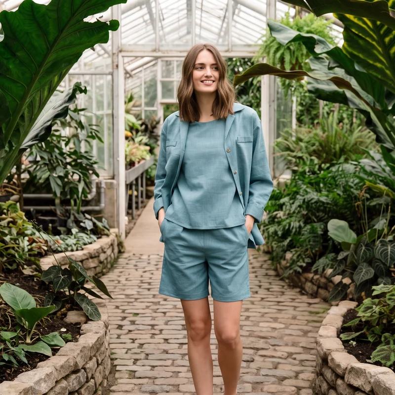 SIMPLICITY – Linen Blend High-Waisted Shorts — Teal, size XS