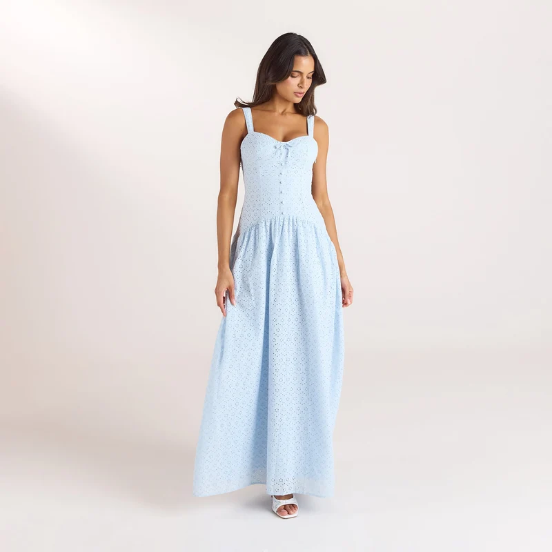 Broderie-Maxikleid - Blau