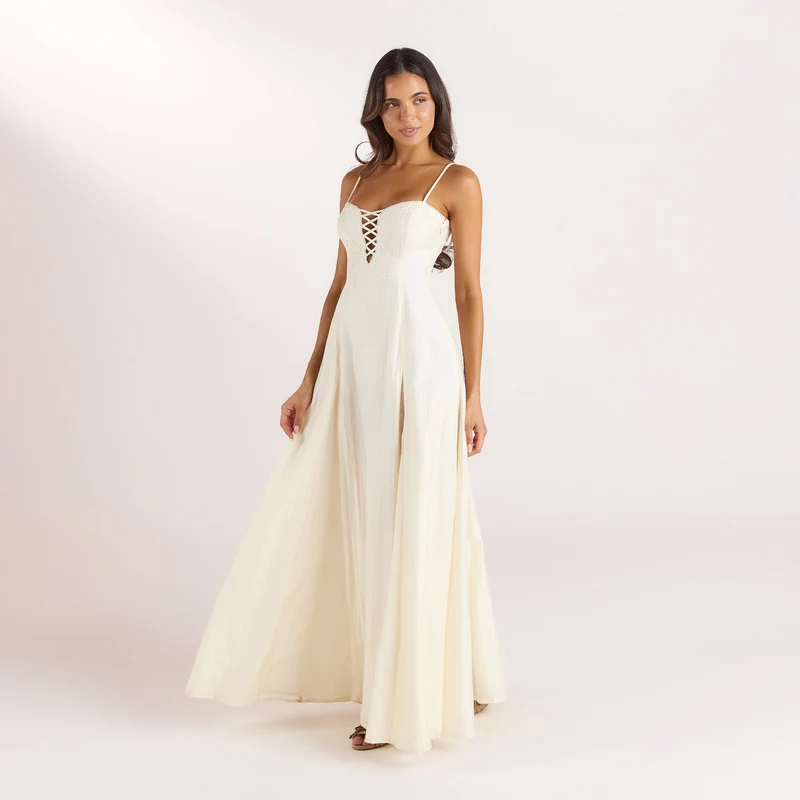 Bestickter Maxikleid mit Korsetdetail - Buttercreme