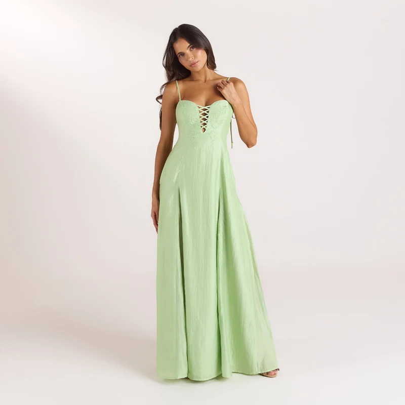 Bestickter Maxikleid mit Korsetdetail - Grün