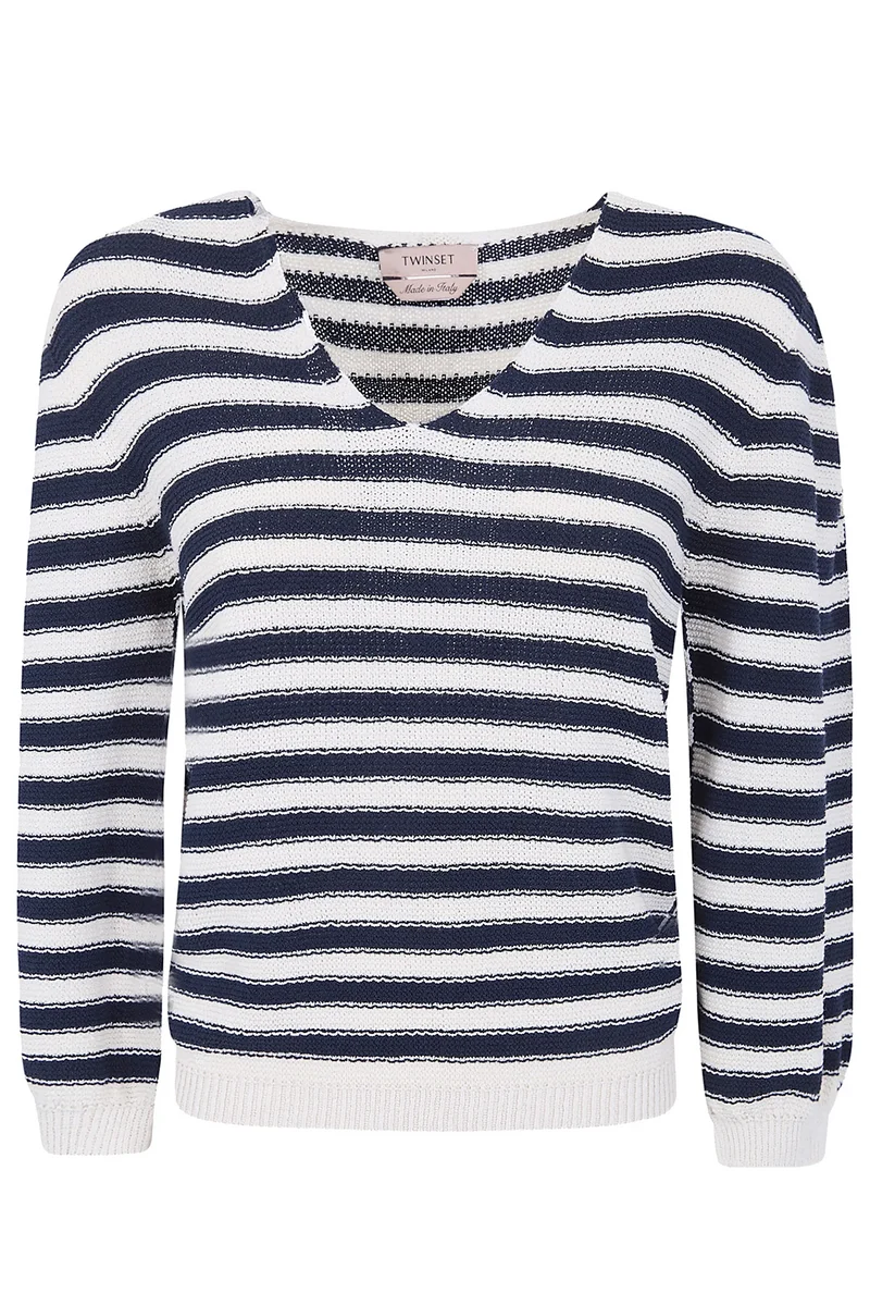 Twin Set Damen Strickpullover mit Streifen Weiss/Blau