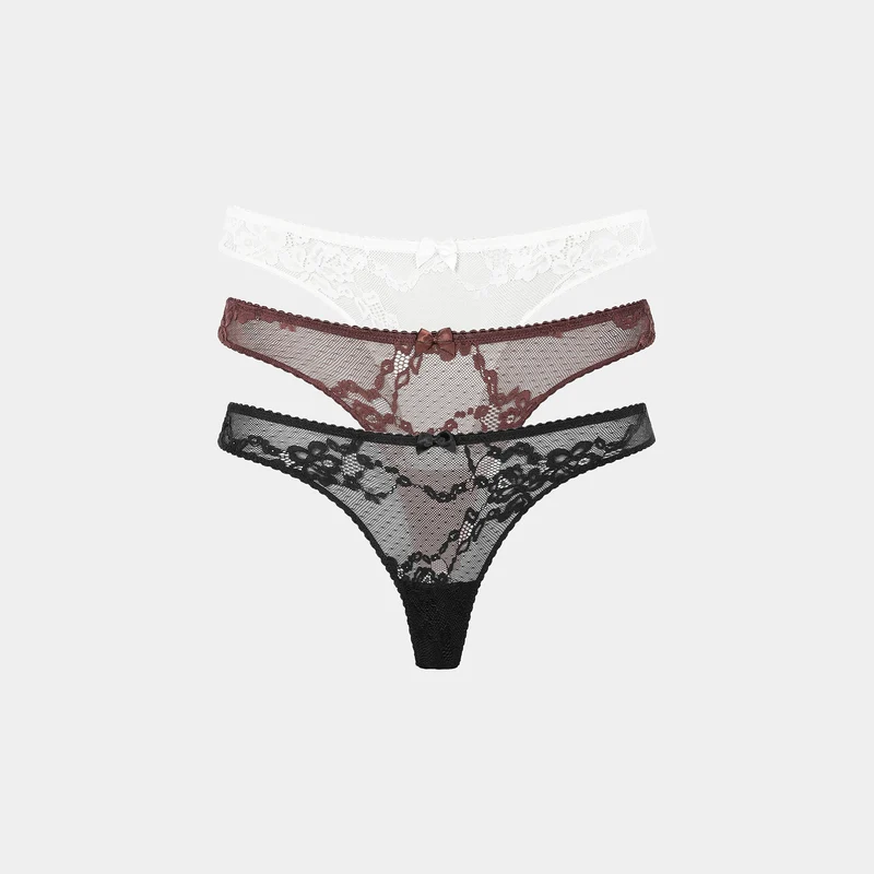 Blossom Spitzenstrings (3er-Pack) - Schwarz