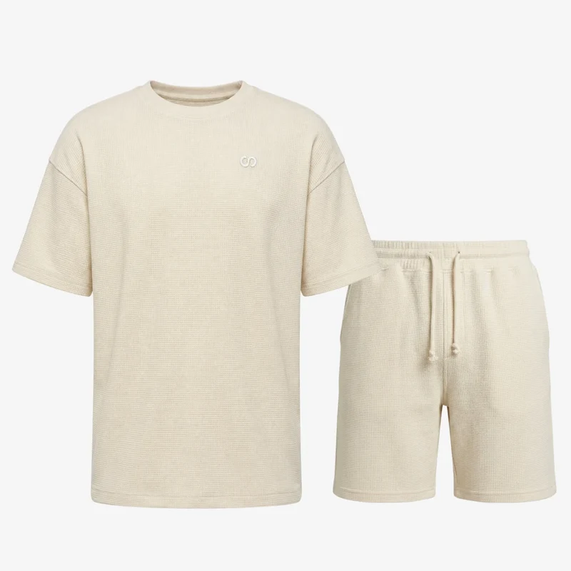 Schlafanzug Set Waffle Herren kurz | Beige