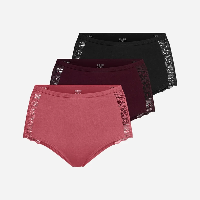 High Waist Hipster Panties mit Spitze | Mix (Mauve/Weinrot/Schwarz)