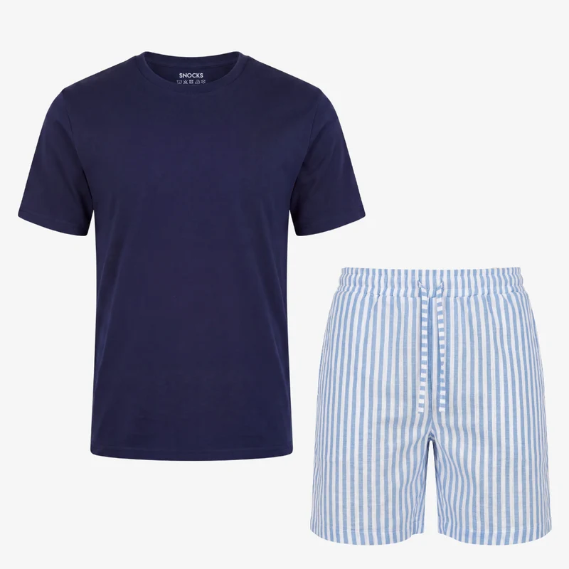 Schlafanzug Set Gestreift Herren Kurz | Blue Breeze/Weiß