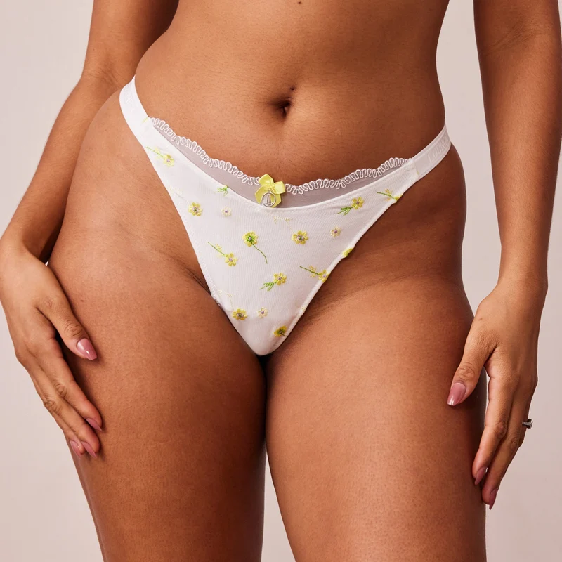 Ribbed Floral Triangle Thong - White