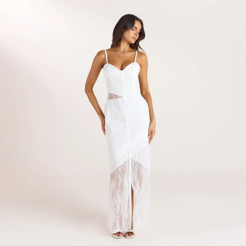 Maxikleid mit Stickerei und Spitze - Weiss