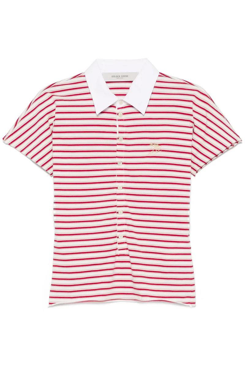 Golden Goose gestreifts Damen Journey Slim Polo Shirt Weiss/Rot