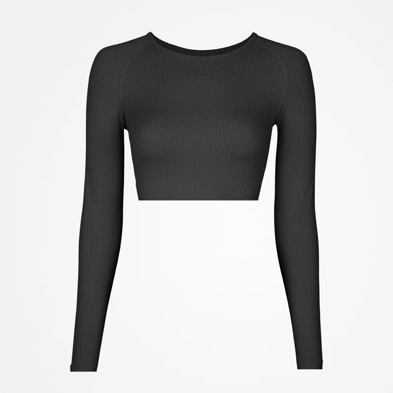 Geripptes Sportshirt langarm Damen | Schwarz