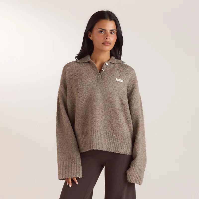 Bouclé-Strickpullover mit Polokragen - Taupe