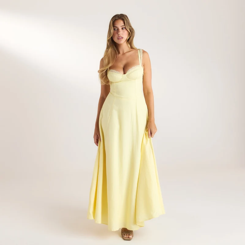 Maxikleid mit Spitzenbesatz - Zitrone