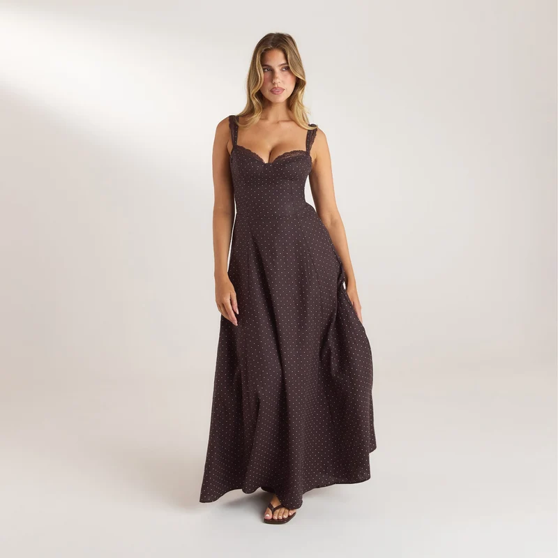 Lace Trim Maxi Dress - Chocolate Polka Dot