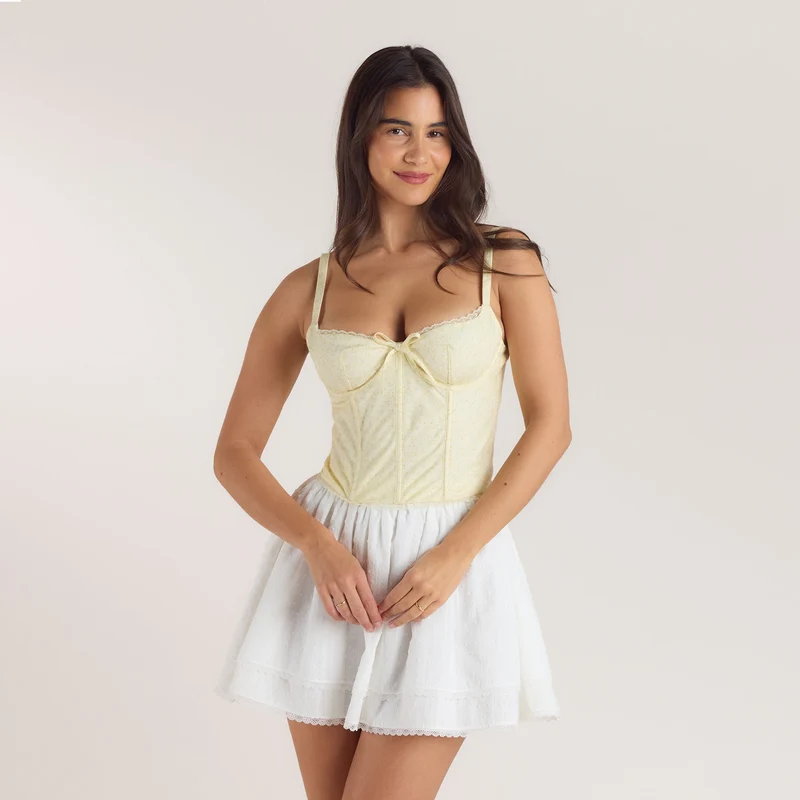 Lace Trim Corset Top - Lemon Floral