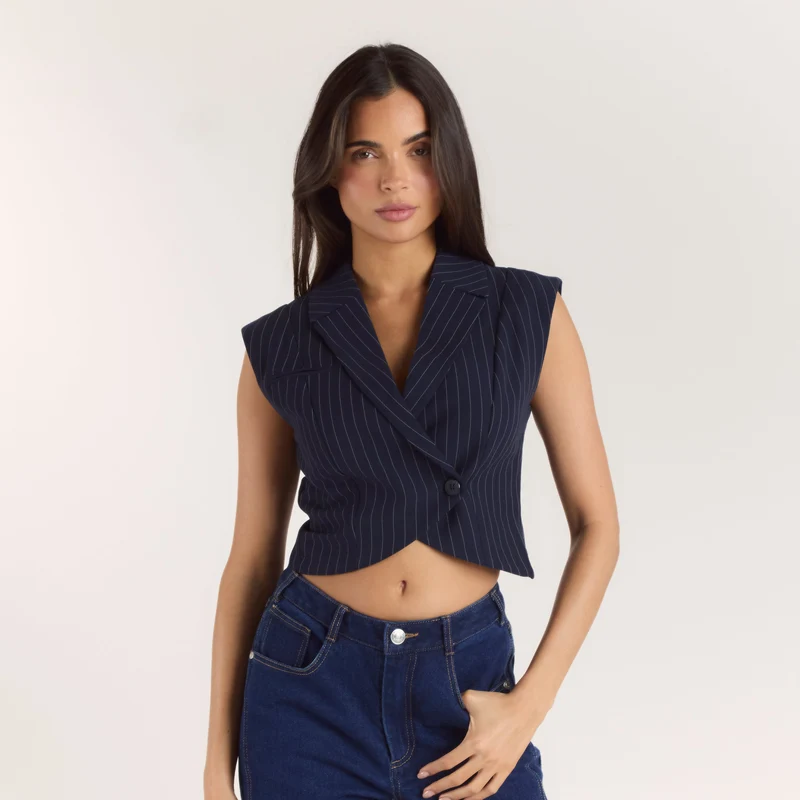 Crossover Waistcoat - Navy Pinstripe