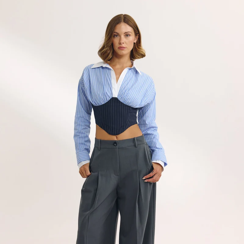 Long-Sleeved Corset Shirt - Blue