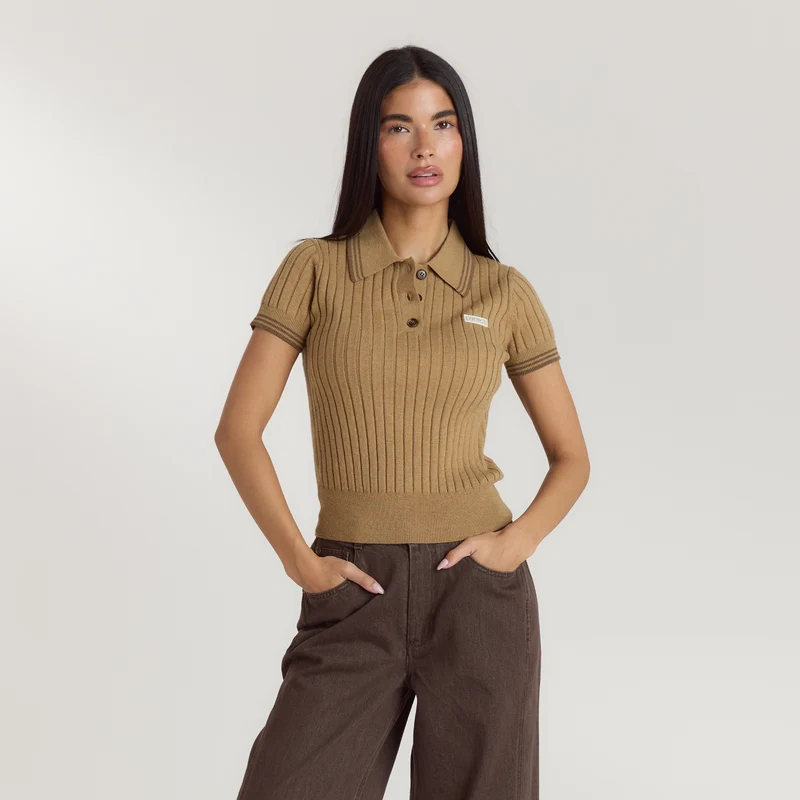 Knitted Polo Top - Tan