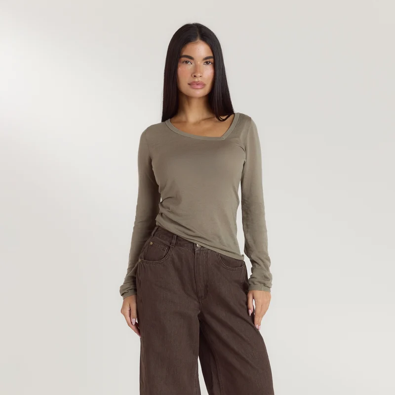 Asymmetric Fine Knit Top - Thyme